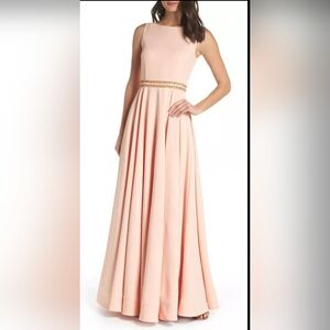 Mac Duggal 25608 Boat Neck Beaded Waist A-Line Gown SZ 6 Blush Gold Sleeveless